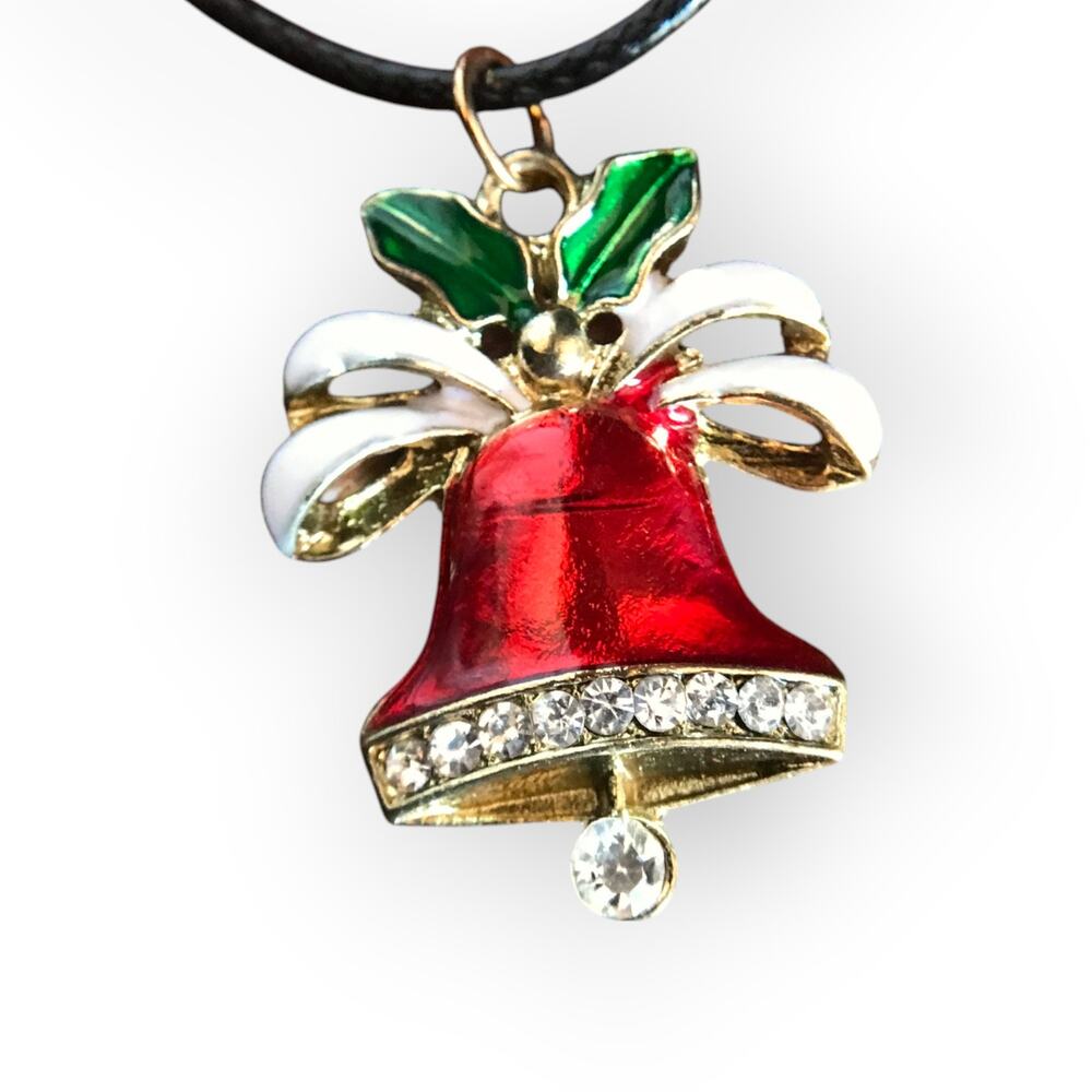 Christmas Bell enamel and rhinestone pendant necklace, waxed black cotton cord